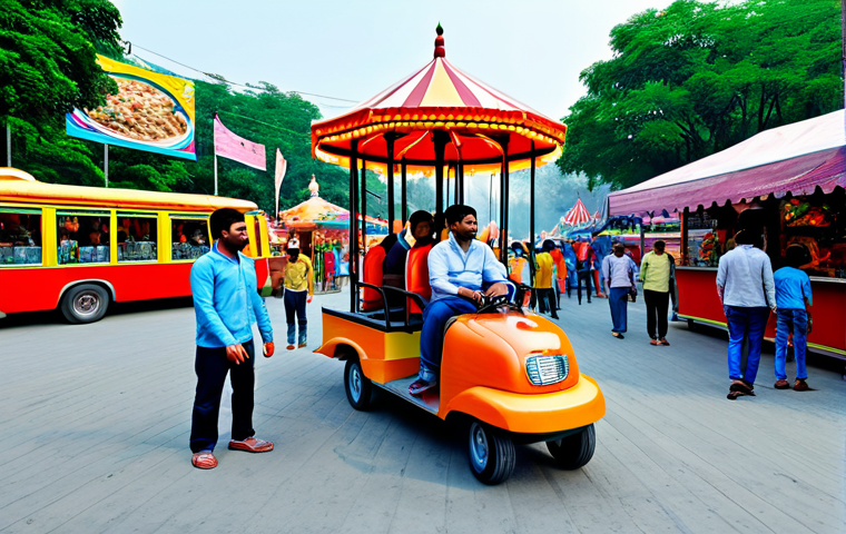 똘똘이 테마파크 경험기 - A family-friendly scene at 똘똘ী থিম পার্ক, showing people enjoying rides in appropriate attire. Backg...