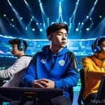 똘똘이 기반 게임 리뷰 - **Prompt:** A dynamic and high-energy scene from a major e-sports tournament. The image features thr...