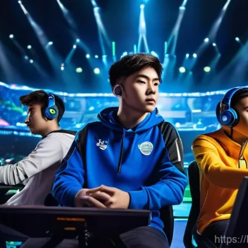 똘똘이 기반 게임 리뷰 - **Prompt:** A dynamic and high-energy scene from a major e-sports tournament. The image features thr...