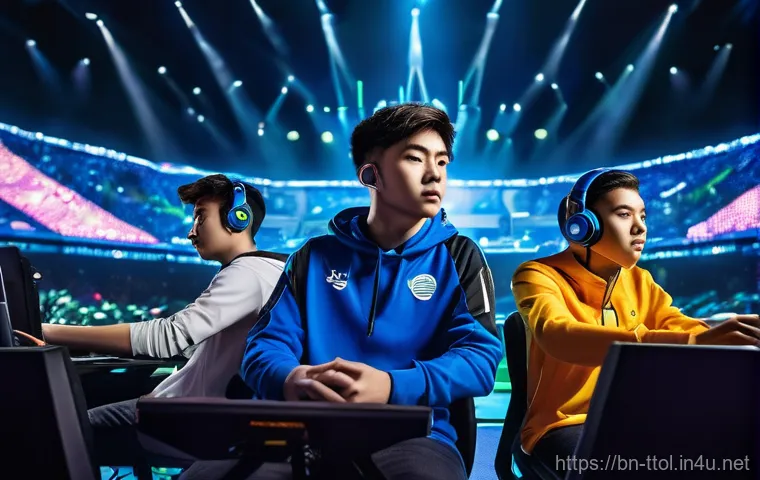 똘똘이 기반 게임 리뷰 - **Prompt:** A dynamic and high-energy scene from a major e-sports tournament. The image features thr...